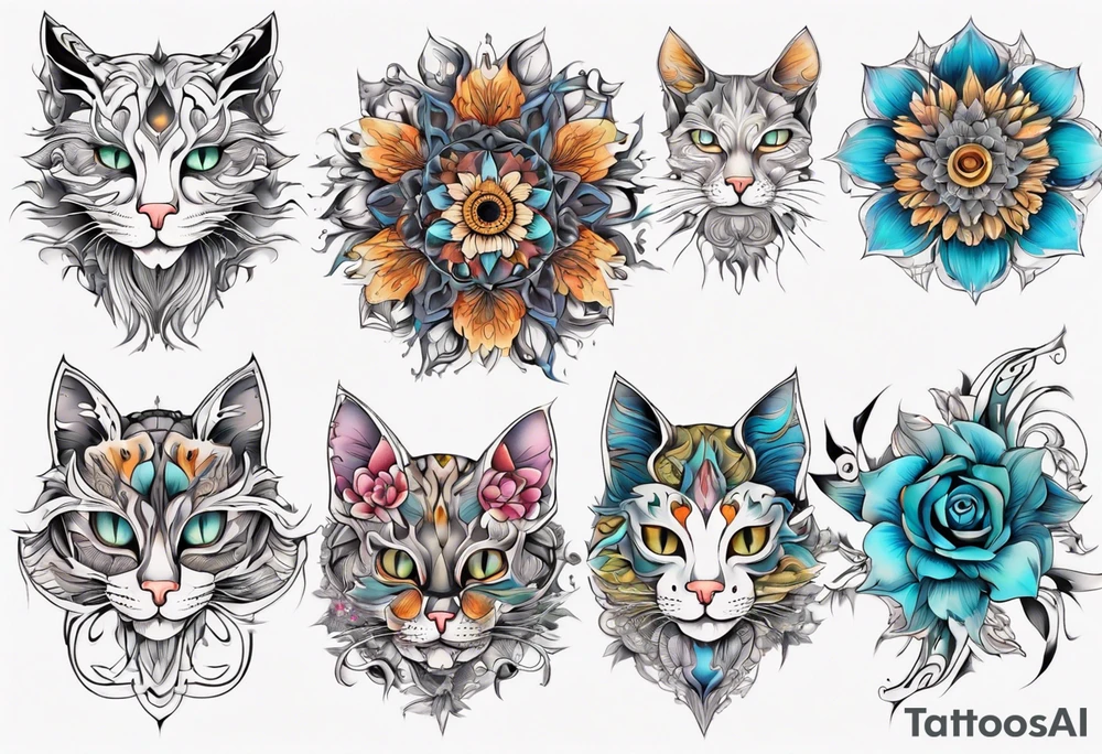 Fineline Cat colored flowers mandala tattoo idea