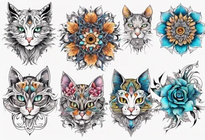 Fineline Cat colored flowers mandala tattoo idea