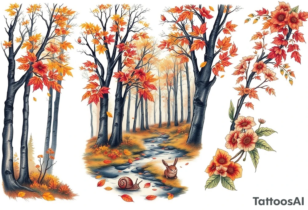 colorful fall themed womans sleeve forest, trees, falling leaves and rain, a small snail or two, a creek and some fall themed flowers as filler tattoo idea