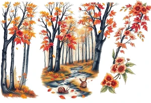 colorful fall themed womans sleeve forest, trees, falling leaves and rain, a small snail or two, a creek and some fall themed flowers as filler tattoo idea