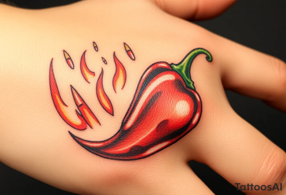 Chili pepper with flames and raining bullets in the background tattoo idea