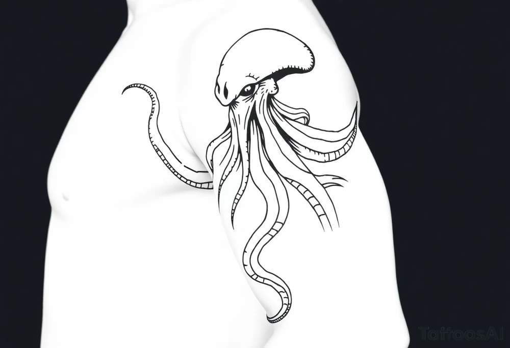 A minimalist blackwork tattoo design of a kraken The kraken is viewed from a 45-degree angle facing left, with its head centered. The tentacles extend only to the left and right, with none going downward beneath the head. The style is clean, fine-line detailing with bold outlines, avoiding heavy shading. The tentacles should be fluid, aggressive, and striking, enhancing the menacing and eerie look of the kraken while maintaining a cohesive design for a tattoo sleeve. tattoo idea