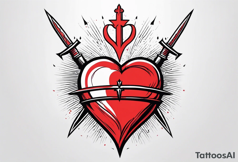 sacred heart with 3 swords instead of a cross. In front of a seraphim. tattoo idea