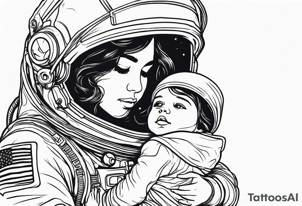 large astronaut space suit hand holding a very little girl in a dress tattoo idea