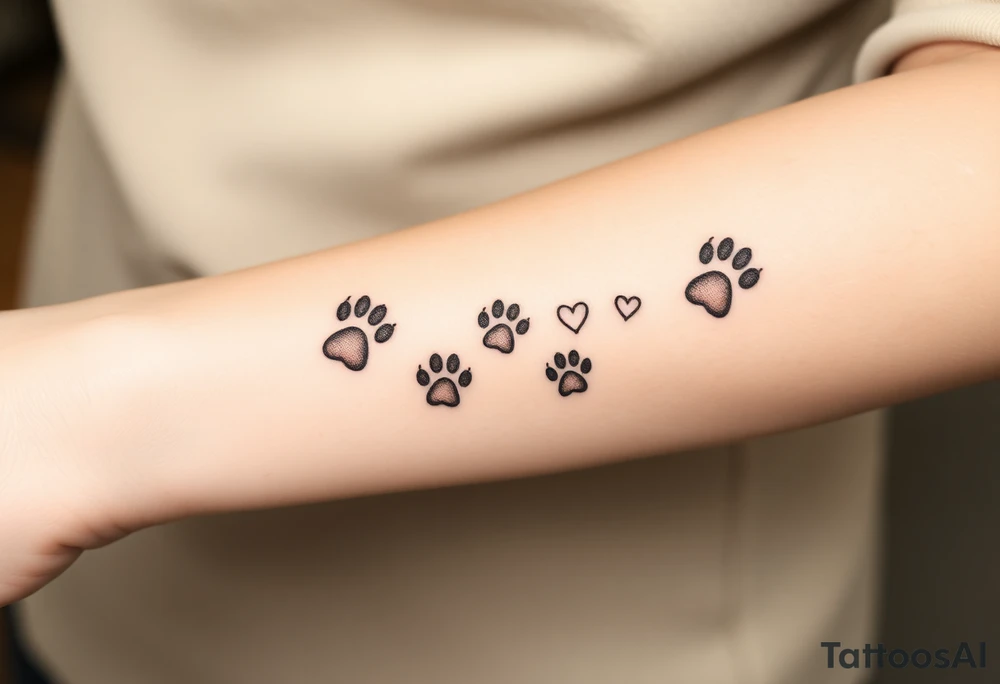 a path of cat paw prints sing natural tones of cream, gray, and light brown and hearts within tattoo idea