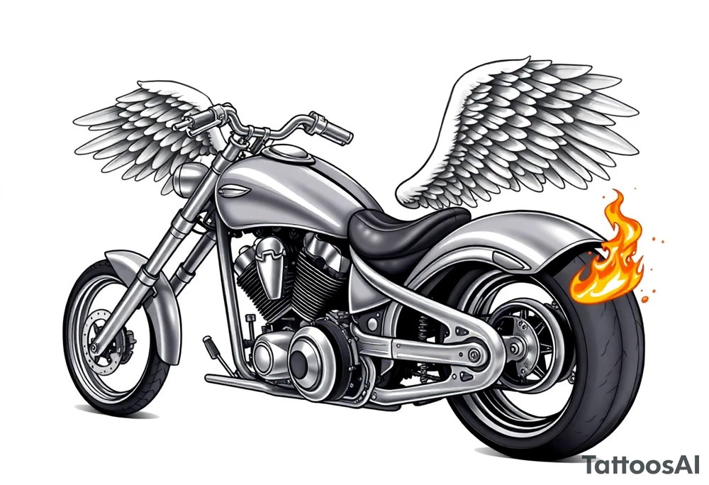 Low rider grey motorcycle, big muffler pipes with flames, angel wings, driving away, no person tattoo idea
