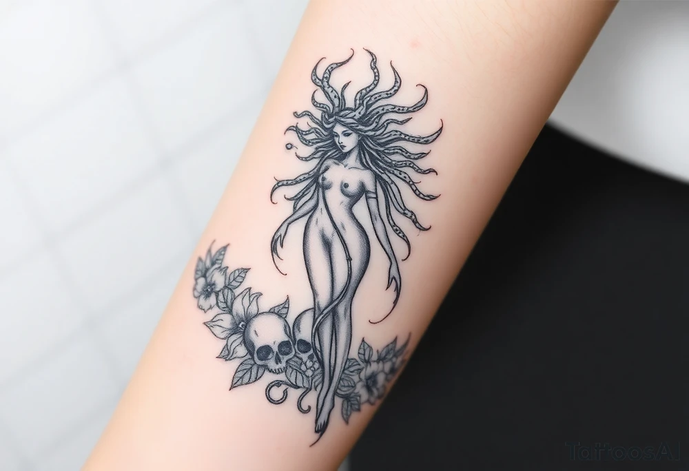 Ethereal Medusa standing. She is beautiful and feminine. She is a phoenix rising from fire and ash. Surrounded by flowers and skulls tattoo idea