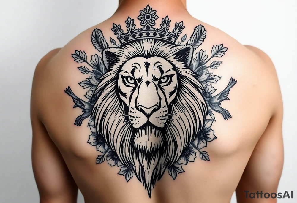 powerful majestic lion with a crown, surrounded by floral ornaments and birds tattoo idea