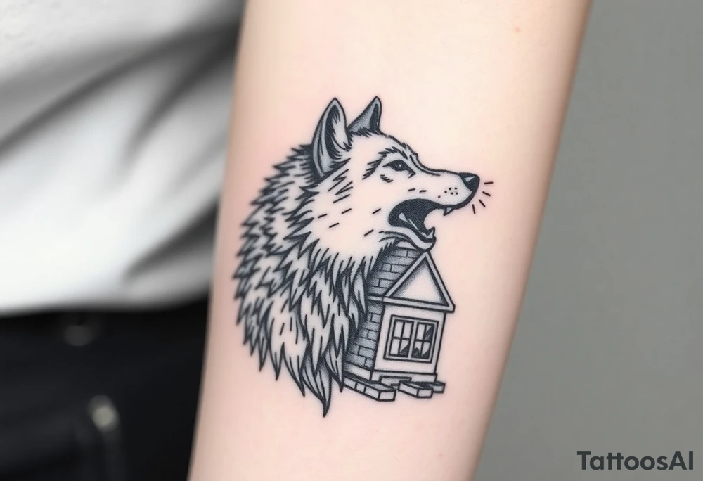 Big  wolf  blowing down   a brick house tattoo idea