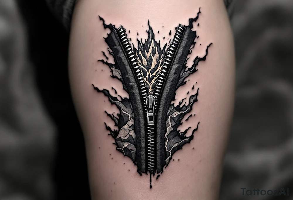 Fire & Lava Zipper – A charred black zipper peeling open to expose molten lava and cracked volcanic rock. tattoo idea