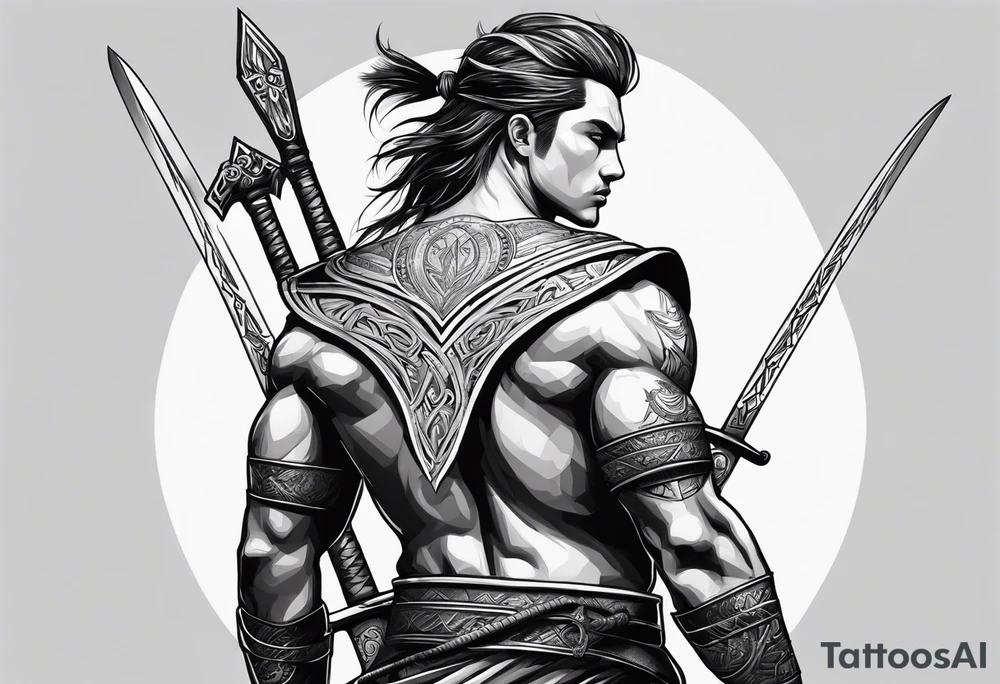 Warrior with sword back turned tattoo idea