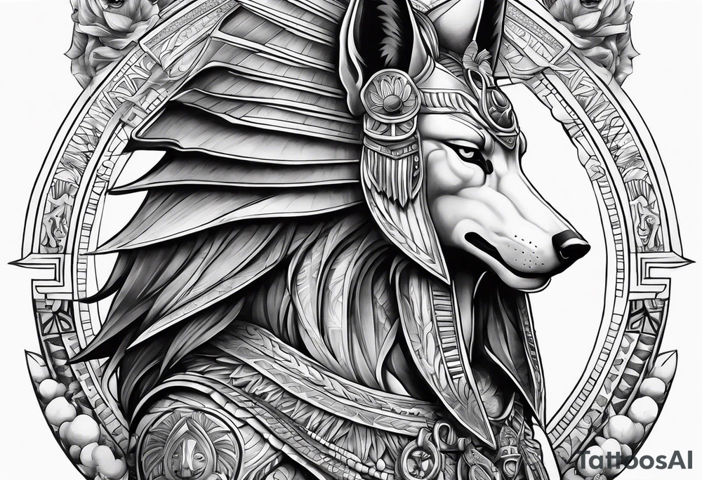 mix sleeve design of egyptian and greek mythology featuring anubis and poseidon tattoo idea