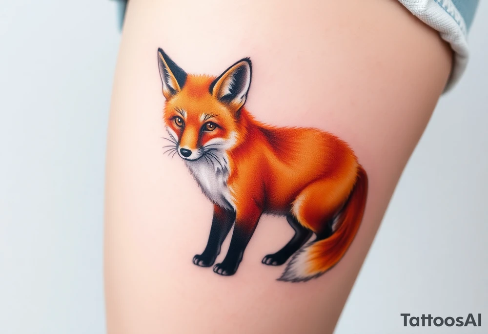 A gracefully detailed fox tattoo, with a rich, fiery orange coat transitioning into deep copper and golden highlights. The fox’s chest and tail tip are a soft, snowy white, blending seamlessly into the fur’s natural texture. Its piercing amber eyes. tattoo idea