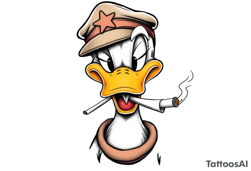 Older looking Daffy duck  smoking a rolled cigarette with a Vietnam veteran hat on and make his eyelids low and chill looking tattoo idea