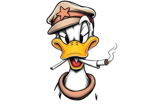 Older looking Daffy duck  smoking a rolled cigarette with a Vietnam veteran hat on and make his eyelids low and chill looking tattoo idea