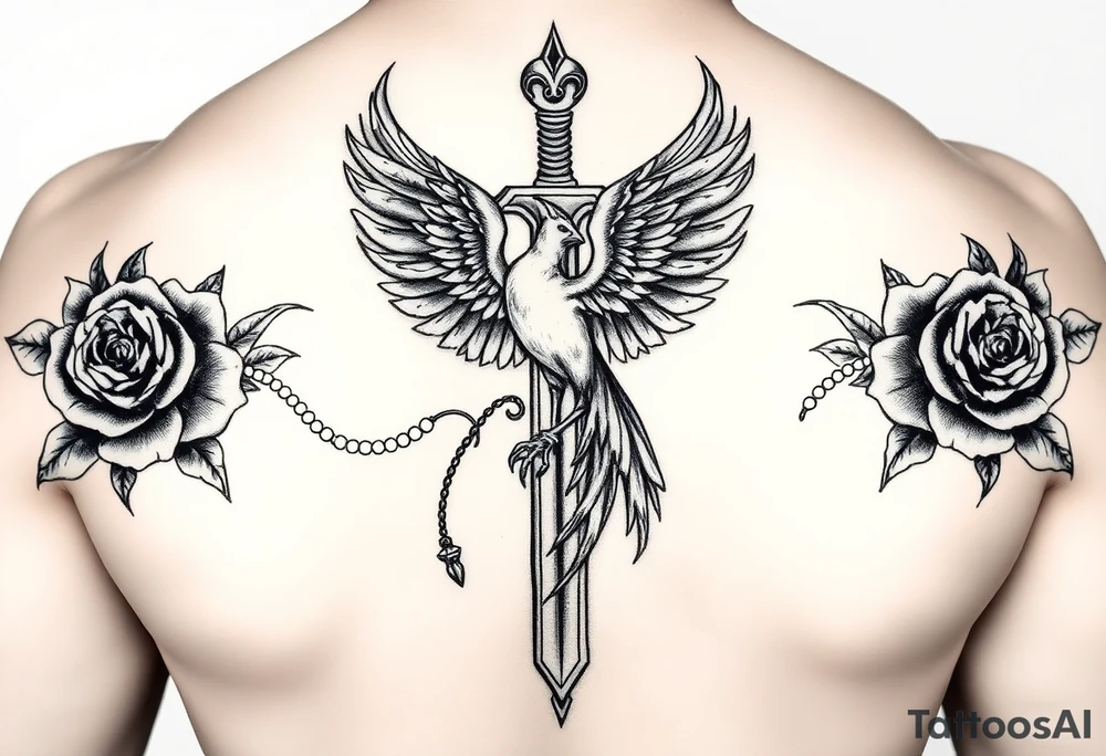 Cross sword darkened in with roses pearls and a phoenix rising from the ashes feminine but powerful the phoenix is not the main attraction the cross is tattoo idea