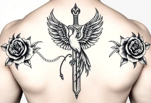 Cross sword darkened in with roses pearls and a phoenix rising from the ashes feminine but powerful the phoenix is not the main attraction the cross is tattoo idea
