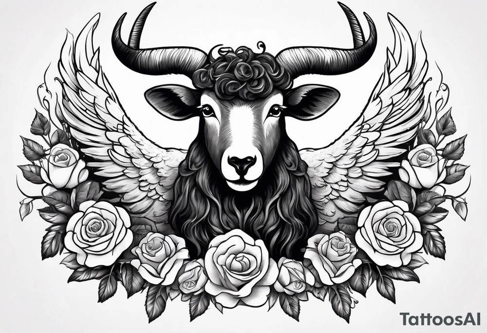 Black sheep with horns and angel wings for arm tattoo and roses around tattoo idea