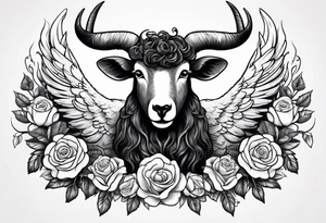 Black sheep with horns and angel wings for arm tattoo and roses around tattoo idea