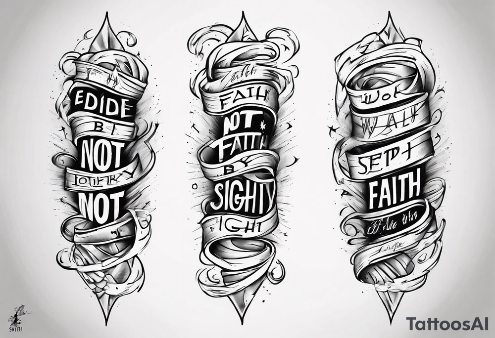 Horizontal inner bicep tattoo. “walk by faith, not by sight” stairwell wrapping around the quote. This design captures the essence of the journey guided by faith. tattoo idea