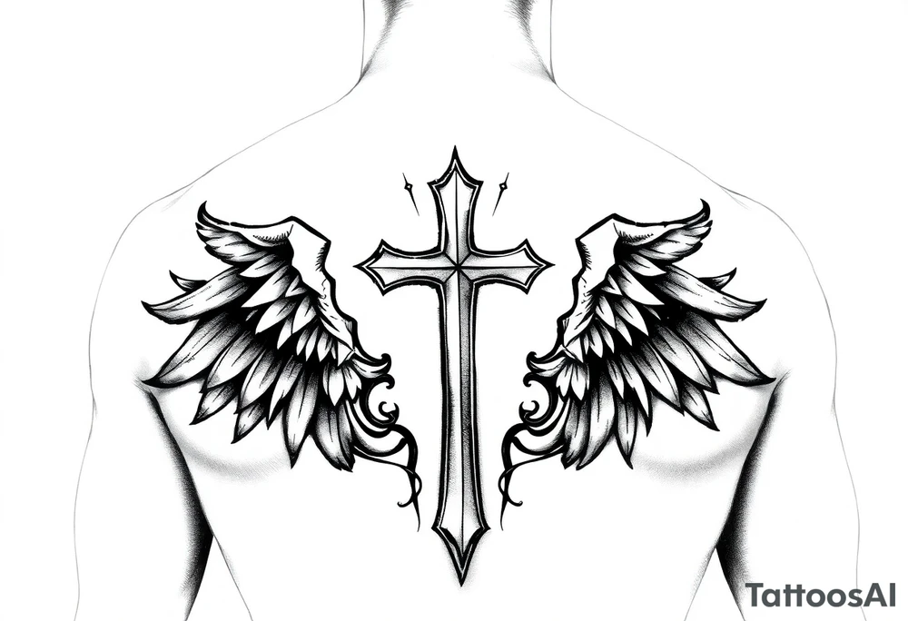 A Christian gangster inspired back tattoo with a cross in the middle tattoo idea