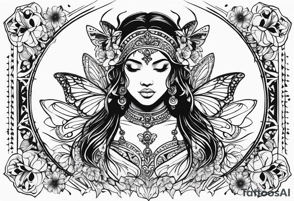 Ethnic ángel with butterflies tattoo idea