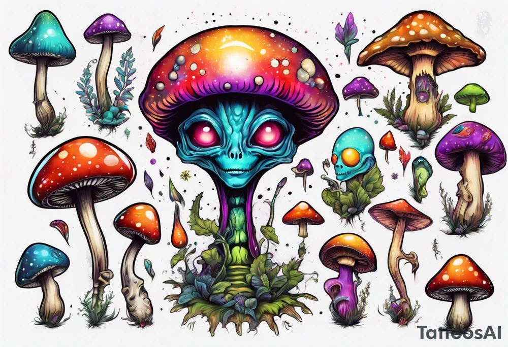 An alien having a psychedelic trip on mushrooms tattoo idea