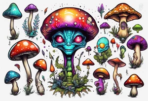 An alien having a psychedelic trip on mushrooms tattoo idea