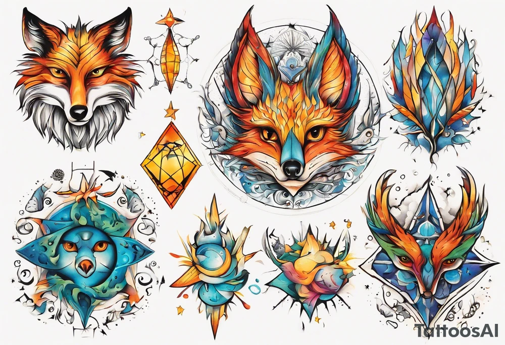 fisch, fuchs und eule , symetrie  sonne, universum, bunt, " sapere aude" tattoo idea