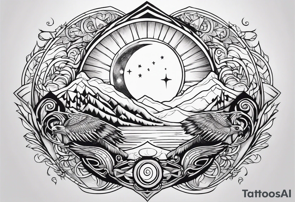 Large sun and moon tattoo that is tall 
Spiritual meaning behind it flowing into a falcon tattoo idea
