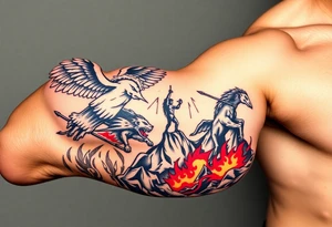 Heaven’s angels fighting hells demons. Angels flying and demons climbing up out of hell tattoo idea