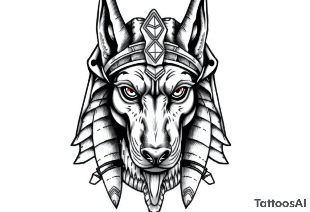 Egyptian Anubis god face muscle in Egypt style  with mantle on head with empty eyes 

dog face surrounded Egyptian symbols based on elements tattoo idea