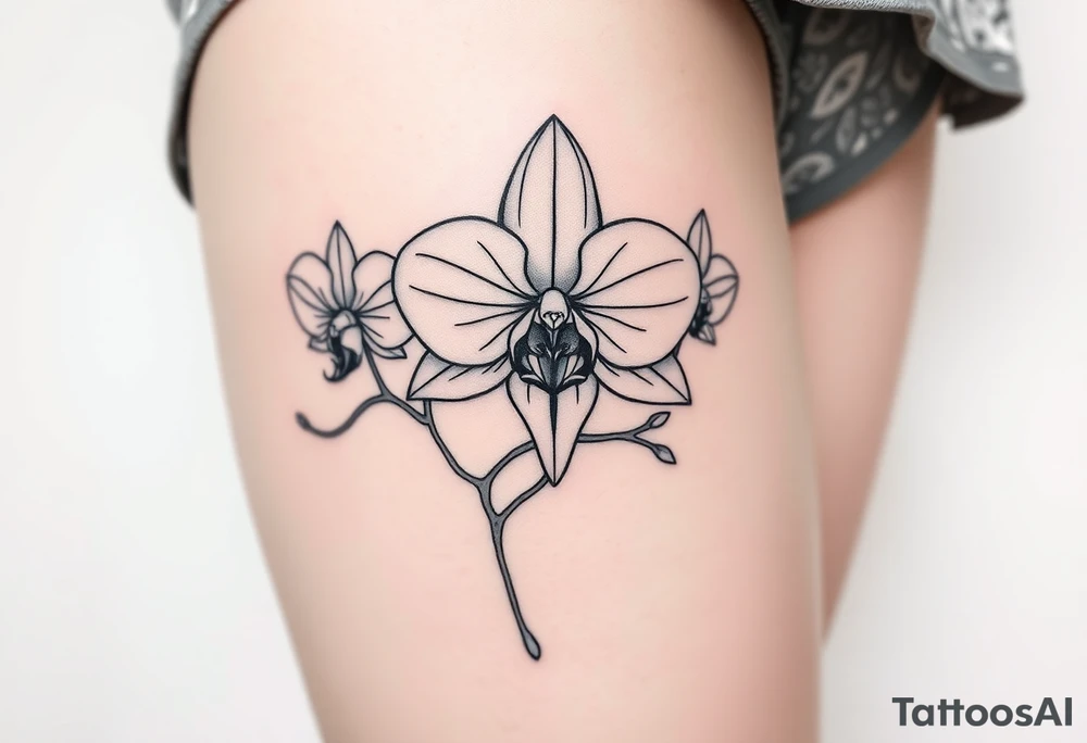 Draw of three fine line orchids different size realistic, the central part resembles a vagina. Are connected with branches tattoo idea