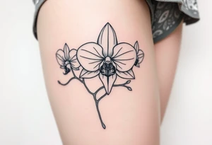 Draw of three fine line orchids different size realistic, the central part resembles a vagina. Are connected with branches tattoo idea