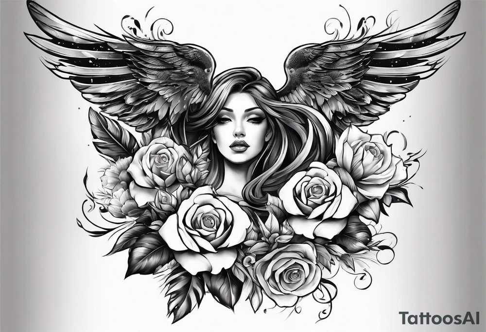 sleeve tattoo full with guns and flowers and wings tattoo idea
