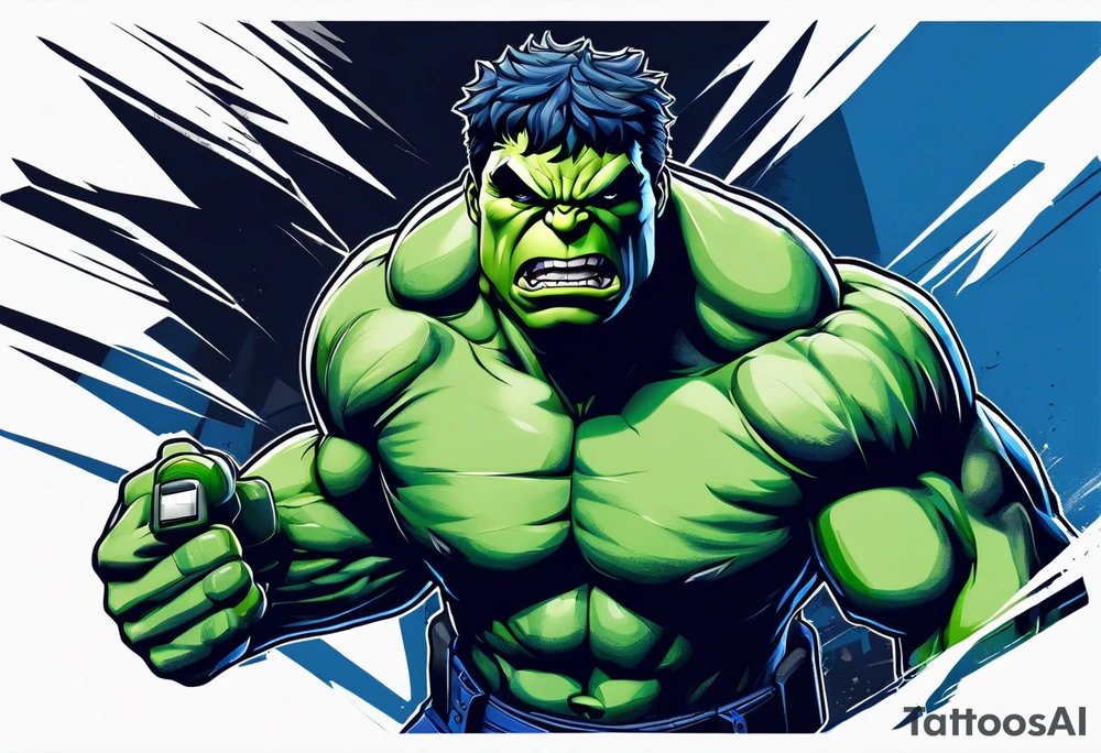 The hulk wearing a dark blue police shirt with a silver badge on the left chest tattoo idea