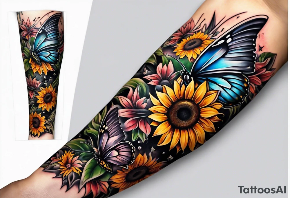 Arm sleeve with Winged cross with sunflower and butterflies tattoo idea