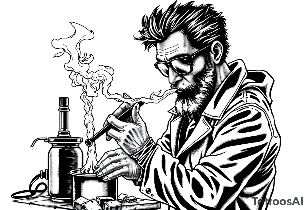mad scientist cooking meth while smoking out of oil burner tattoo idea