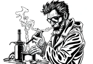 mad scientist cooking meth while smoking out of oil burner tattoo idea
