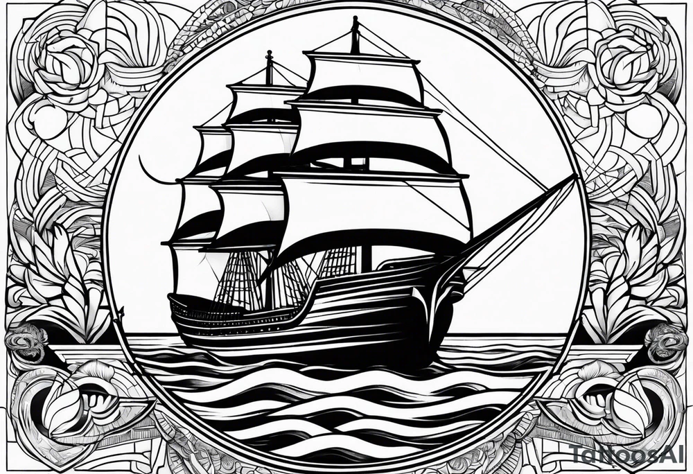 huge wooden ship with sun  and calm waters tattoo idea