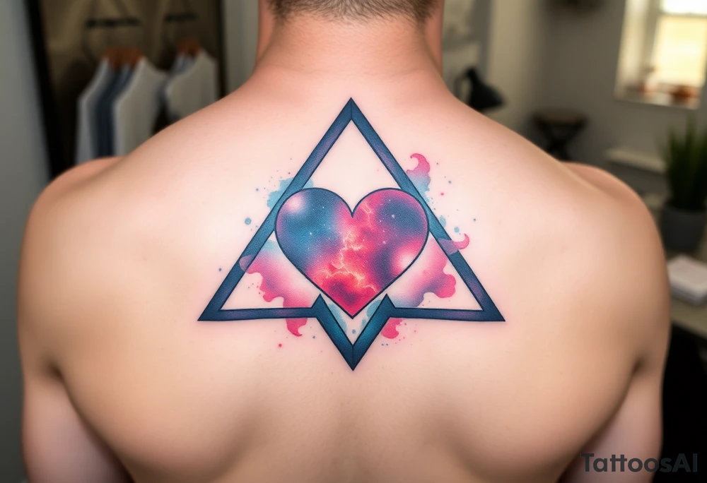 A triangle with a big heart in the center and  
galaxy inside tattoo idea