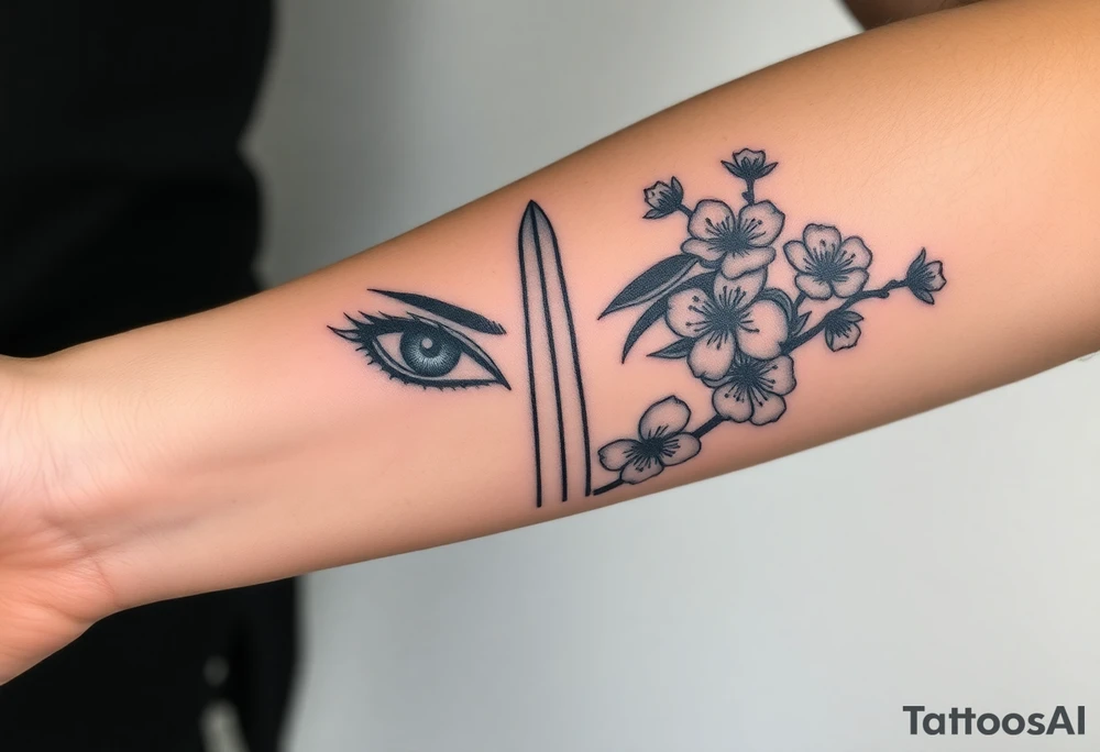 Warrior women eyes with sword cherry blossoms tattoo idea