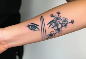 Warrior women eyes with sword cherry blossoms tattoo idea