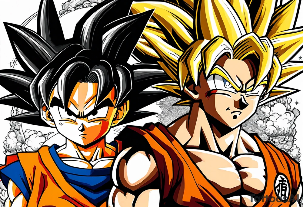 Son-Goku as a child in the foreground and an older version of him as a super sayain behind him. All takes place in a dragon ball tattoo idea