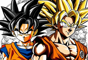 Son-Goku as a child in the foreground and an older version of him as a super sayain behind him. All takes place in a dragon ball tattoo idea