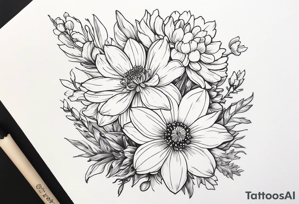 Narcissus, Chrysanthemum,
Cosmos, snow drop that shows all the flower stems for the back of the arm. Fine line. In a flower bouquet tattoo idea
