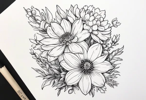 Narcissus, Chrysanthemum,
Cosmos, snow drop that shows all the flower stems for the back of the arm. Fine line. In a flower bouquet tattoo idea