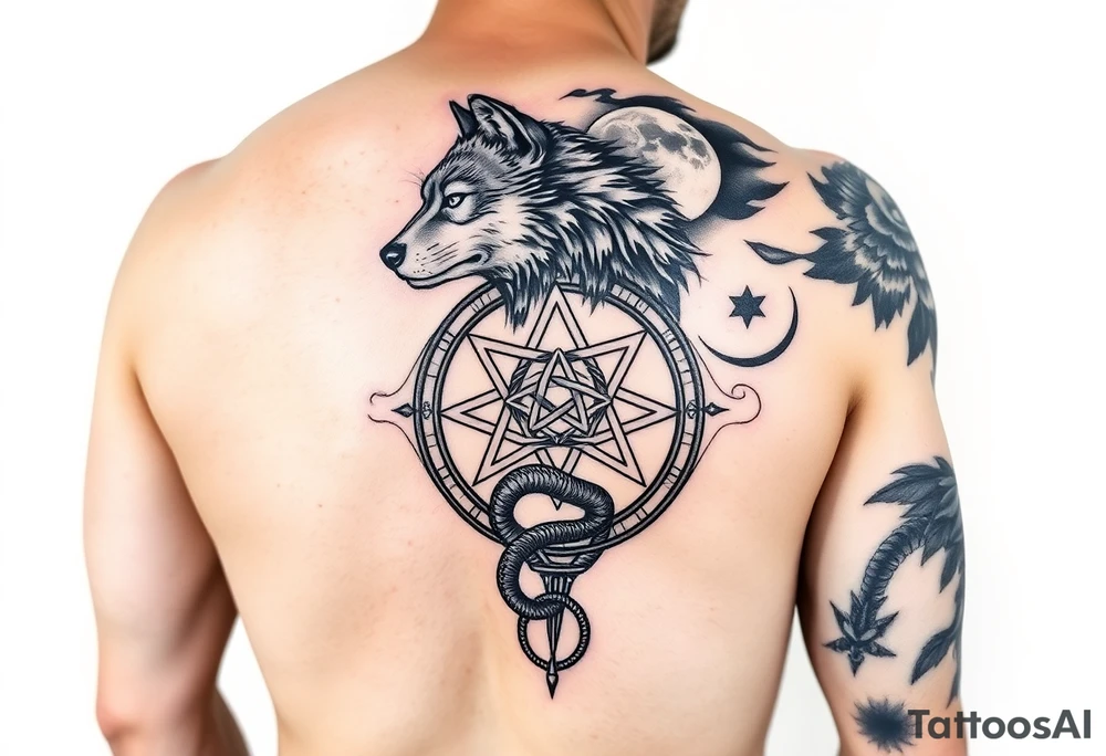 Right arm sleeve for men 
With wolf and moon on the top then Triskelion: Cycles of life then Ouroboros then something else 
 On the arm only tattoo idea