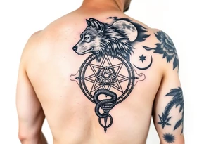 Right arm sleeve for men 
With wolf and moon on the top then Triskelion: Cycles of life then Ouroboros then something else 
 On the arm only tattoo idea
