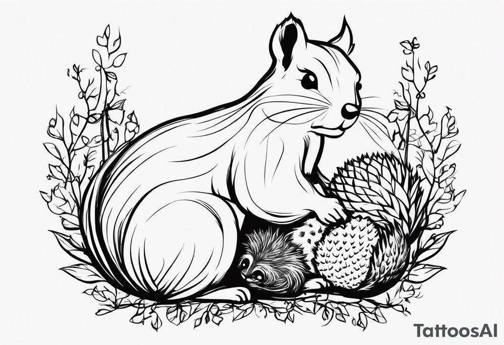 Draw a squirrel and an hedgehog accompanied by the writing “simul in aeternum” tattoo idea